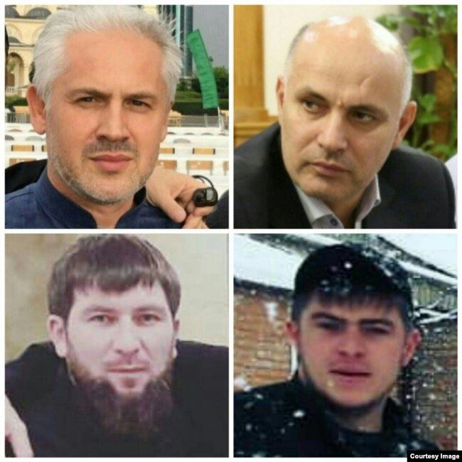 Мэр Грозного Муслим Хучиев (слева сверху), начальник службы безопасности грозненской мэрии Ахьяд (справа сверху) и два сотрудника службы безопасности, по словам Лом-Али Элбиева, пытавшие его в подвале мэрии (имена неизвестны)