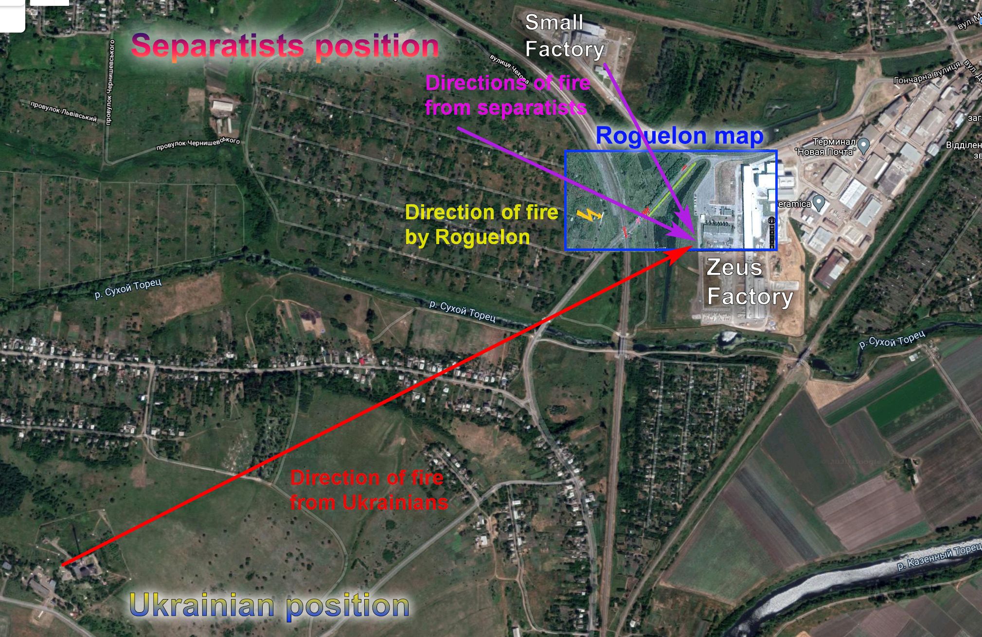 Карта 2: траектории стрельбы с разных направлений при условии, что пули попадают в забор фабрики